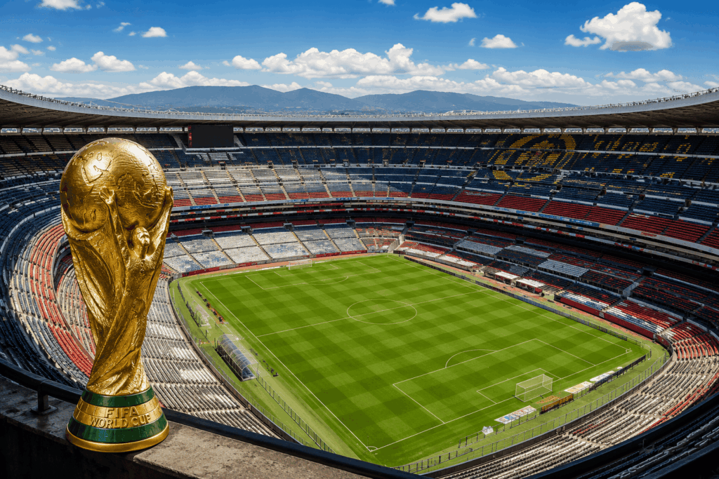 Imagen panorámica del Estadio Azteca, uno de los estadios icónicos del Mundial de fútbol.